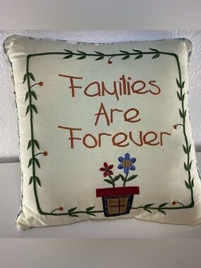 Vtg Families Are Forever Embroidered Throw Pillow Floral Vine CottageCore